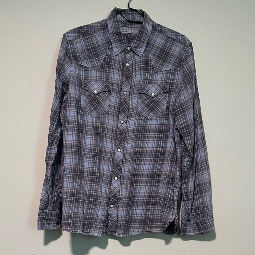 All Saints Men's Gray and Black Checkered Shirt